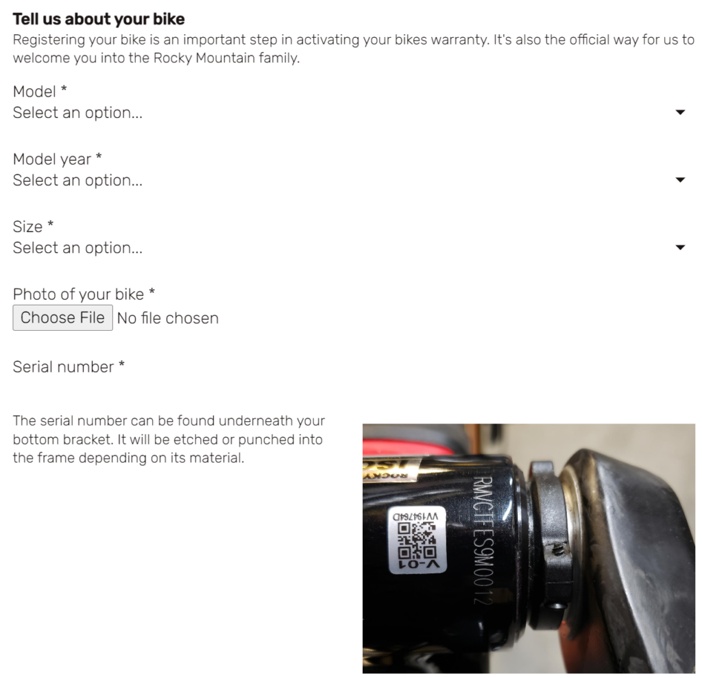 A screenshot of registering your Rocky Mountain bike for warranty